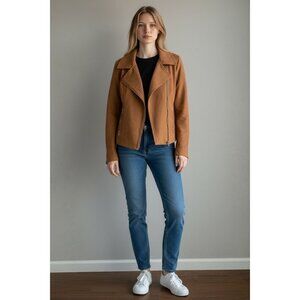 Tahari Womens L Brown Faux Suede Moto Jacket Asymmetrical Zipper Long Sleeves